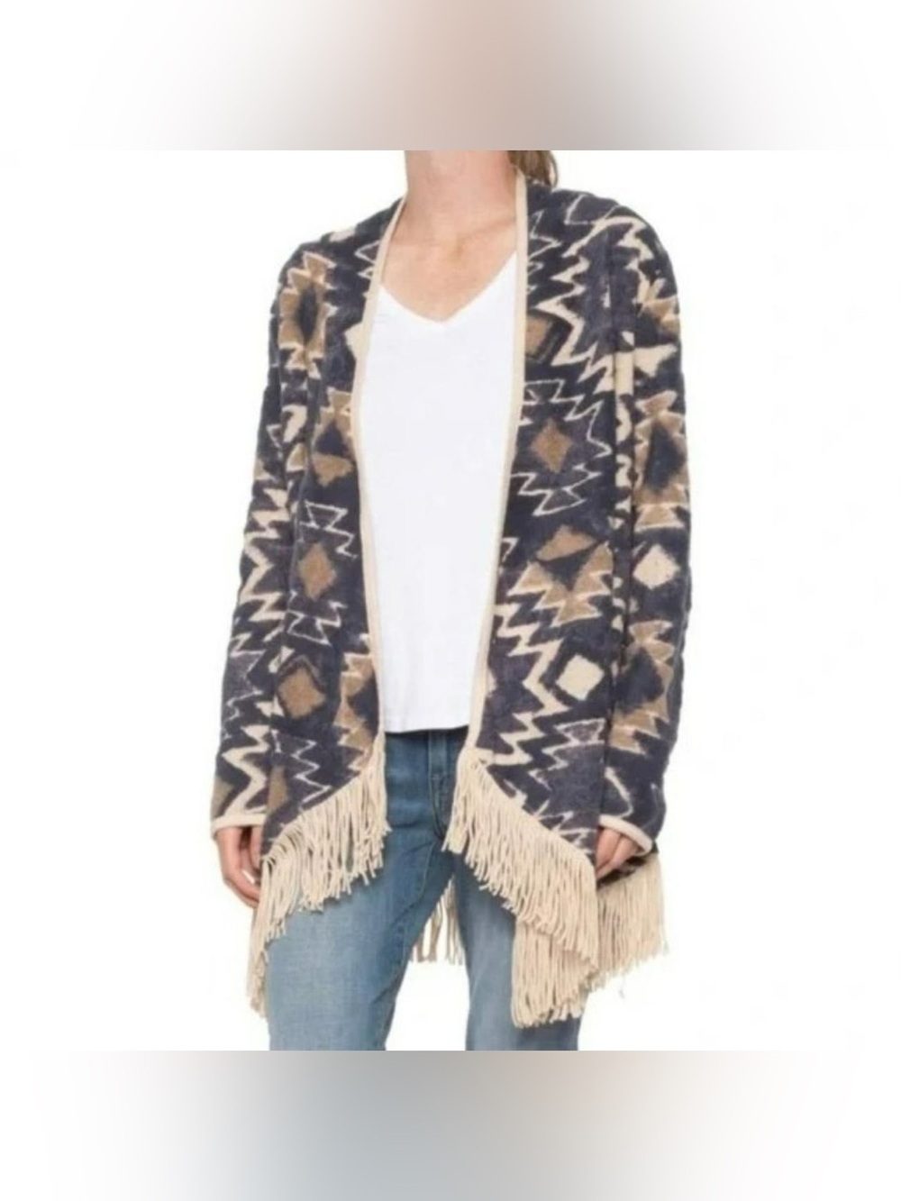 Lucky Brand southwestern fringe loose open front drape cardigan